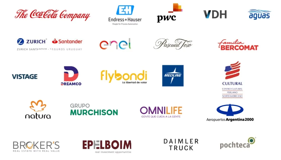 Logos de organizaciones que confiaron en BeBlend: Coca-Cola, PwC, Santander, Zurich, Natura, Enel, Flybondi, Aeropuertos Argentina 2000, entre otras.